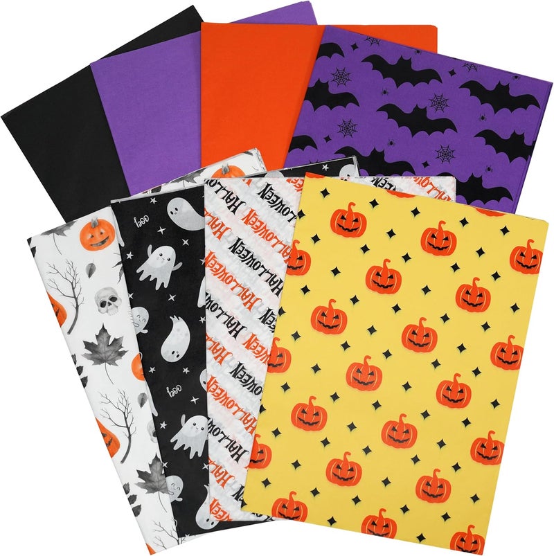ROSYJUNE 120 Sheets Halloween Tissue Paper for Gift Bags, 20" x 14" Black Orange Purple Wrapping Tissue Paper with Ghost Bat Pumpkin Maple Leaf Pattern for Halloween Decoration - Image 1